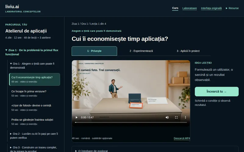 Screenshot: Atelierul de aplicații — AI application workshop course